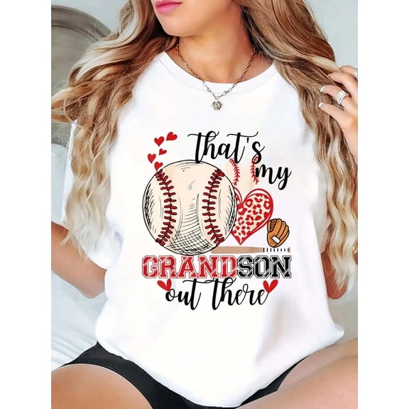 That'S My Grandson Out There Baseball Grandma Mothers Day T-Shirt Print T-Shirt Casual Crew Neck Short Sleeve Comfort Tee Top For Spring & Summer Women's Clothing