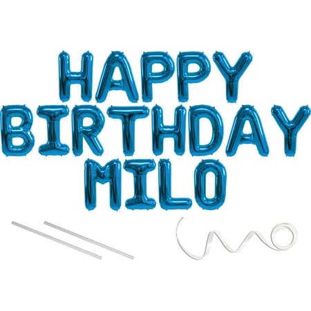 Milo, Happy Birthday Mylar Balloon Banner - Blue - 16 inch Letters. Includes 2 Straws for Inflating, String for Hanging. Air Fill Only- Does Not Float w/Helium. Great Birthday