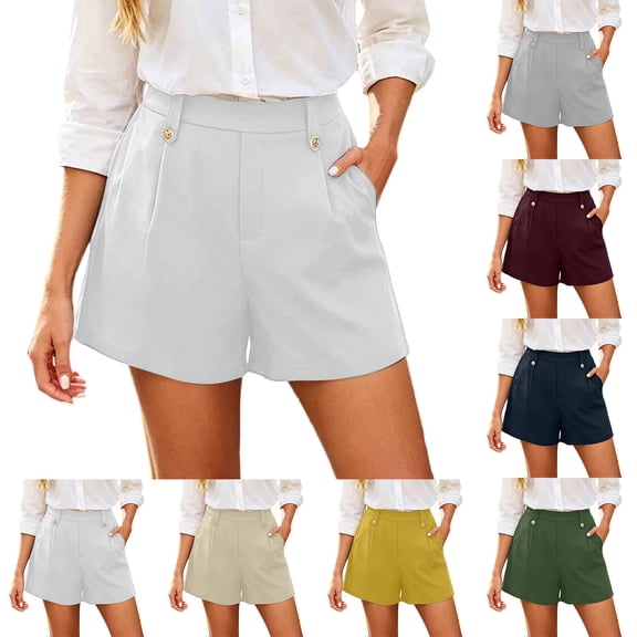 Aezemi Women Wide Leg Work Shorts, High Waisted Pleated Button Loose Fit Dress Shorts, Casual Office Work Bottoms, S-3XL