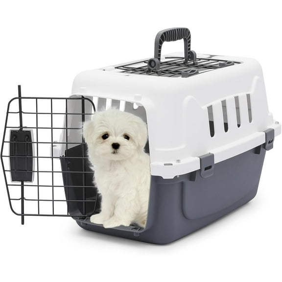 LILEYI 18 Inch Pet Carrier for Small Dogs and Cats with Top and Front Door Access, Plastic Dog Kennel for Longer Traveling, Durable Handle, and 4 Sides Ventilation for Pet Up 10 lbs (White Grey)