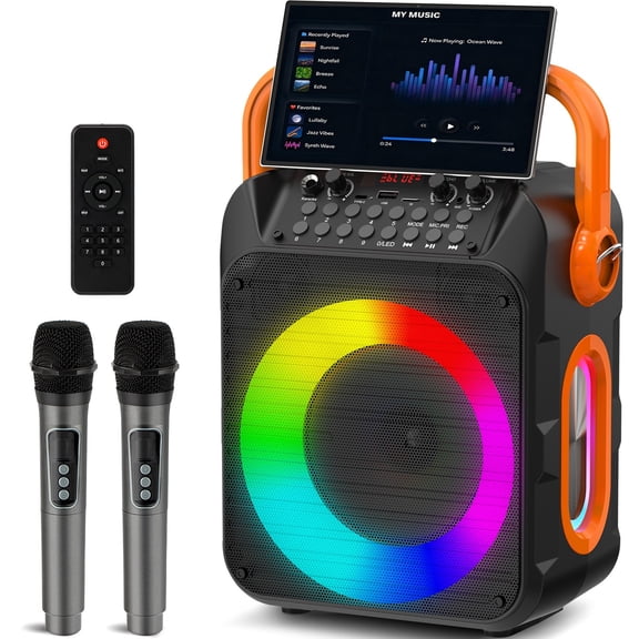 GMDISC Karaoke Machine for Kids and Adult, Home Karaoke System with 2 Microphones, Bluetooth Speaker with Remote Control, TWS, RGB Party Light
