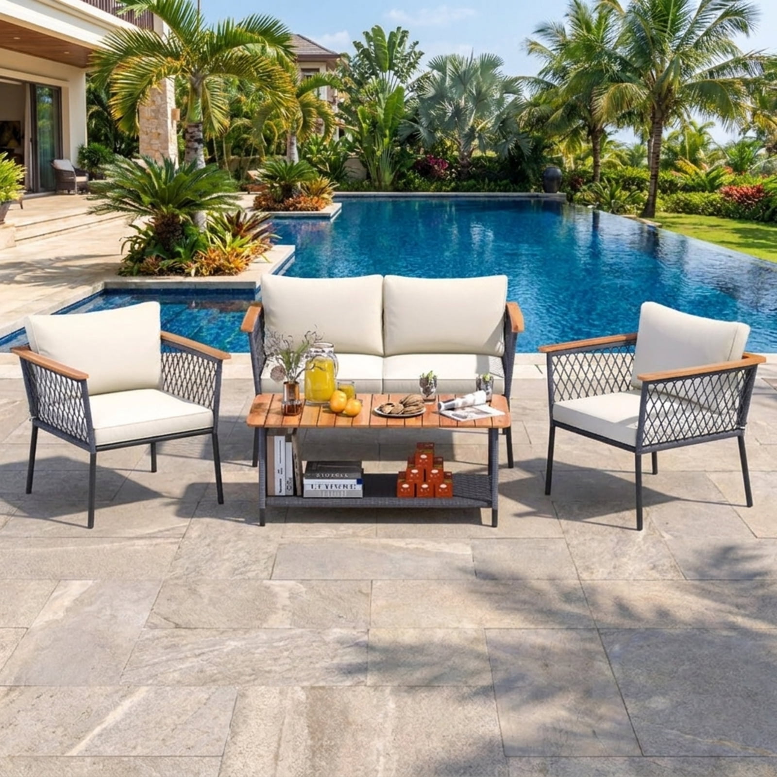 Furnibear 4 Piece Patio Furniture Set Outdoor Wicker Conversation Set with Cushioned Sofas and 2 Tier Coffee Table for Backyard Garden, Gray
