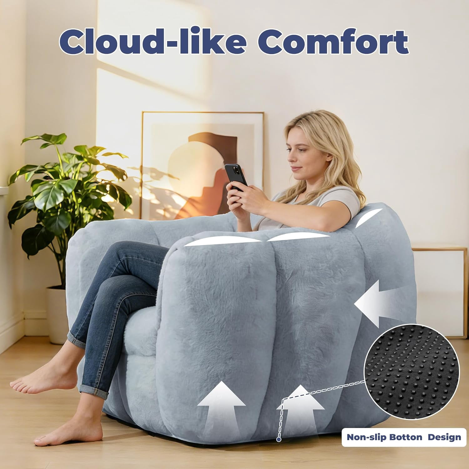 Giant Plush Cloud Bean Bag Chair for Adults, Cozy Comfy Reading Floor Sofa for Bedroom or Living Room, Grey
