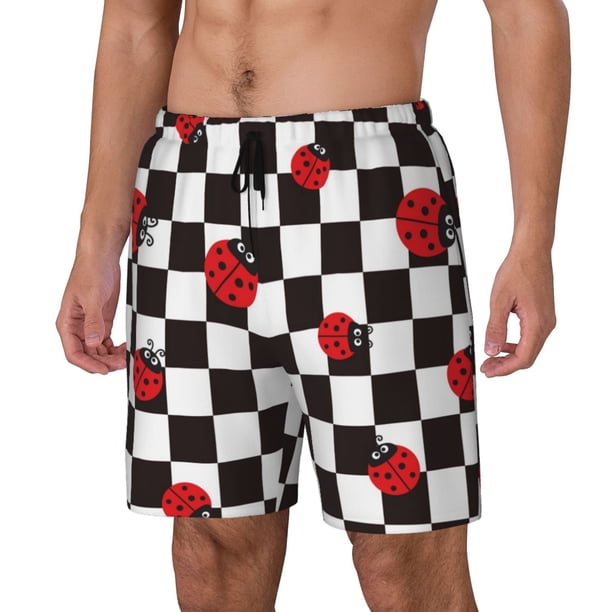 Balery Ladybugs Of Black And White Checkers Bañador para hombre, shorts de playa de secado rápido con entrepierna y forro de compresión-Large