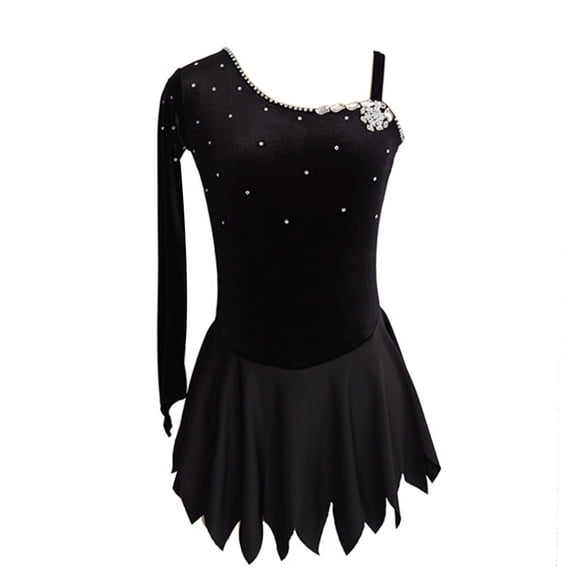 LIUHUO Custom Single Shoulder Long Sleeve Figure Skating Dress Girls Ladies Black Velvet Spandex Splicing Diamond Embellishments Irregular Skirt
