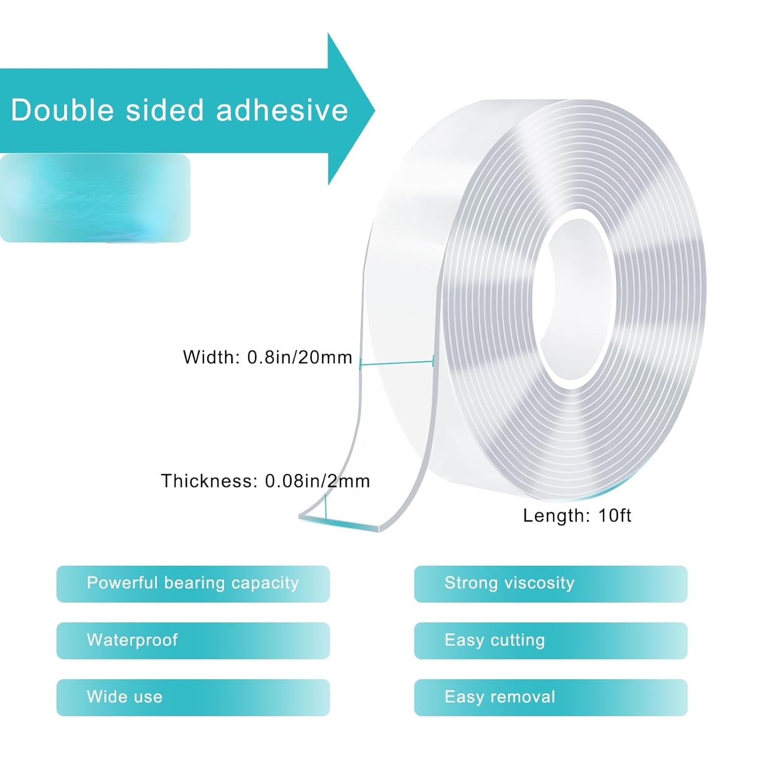 Extra Strong Double Sided Tape Heavy Duty Removable 50FT, Clear Sticky Adhesive Nano Tape Tough Washable Waterproof Mounting Tape for Hanging Picture, Poster, Carpet, Photo Deco, Pack of 5
