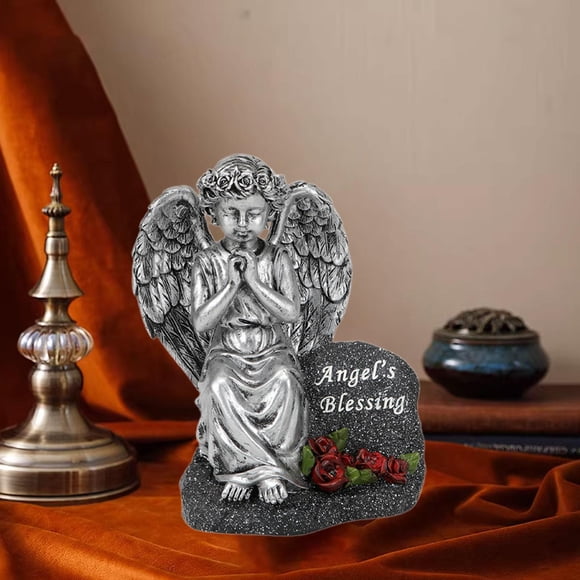 DYNWAVECA Statue Solaire de Prière Tombe Figurine d'Ange Priant Décoration Créative de Cimetière Décor Extérieur avec Lumière pour Cour Argent