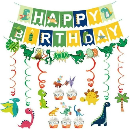 LUU-Dinosaur Birthday Party Banner Garland Dinosaur Hanging Swirl Decorations Cake Topper for Dino Theme Birthday Supplies_SAI