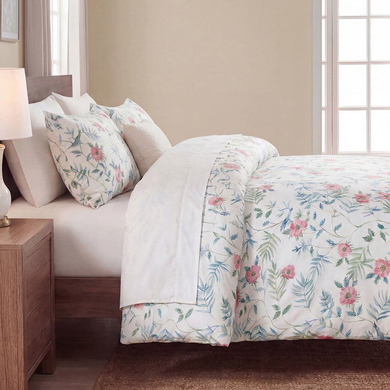 Pink Floral Duvet Cover King Size, 100% Cotton Duvet Cover Set with Zipper Closure & Corner Ties, Soft Breathable Branches Floral Bedding Set for All Seasons