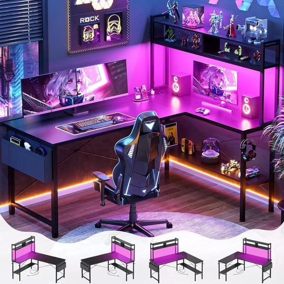 Homieasy 59" L Shaped Computer Desk with LED Light & Power Outlet, Black