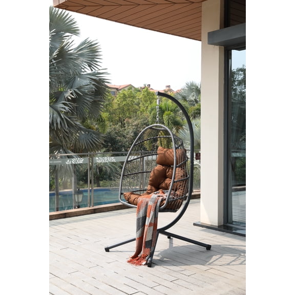 Egg Chair with Stand, Foldable Wicker Hanging Swing Chair with Cushion for Patio Bedroom Balcony Garden, Brown