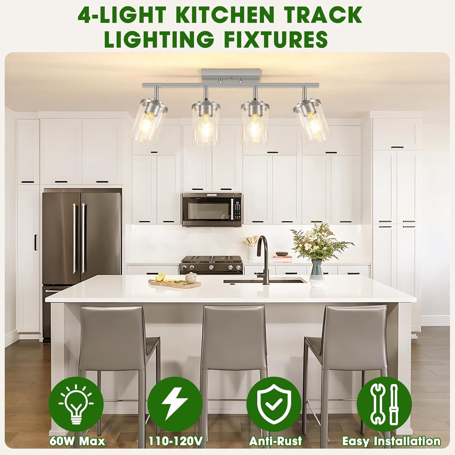 4-Light Brushed Nickel Track Lighting Kit with Clear Glass, Modern Track Light Fixtures Flush Ceiling Mounted, Tracking Vanity Lighting Rotatable Spotlight for Kitchen Bathroom