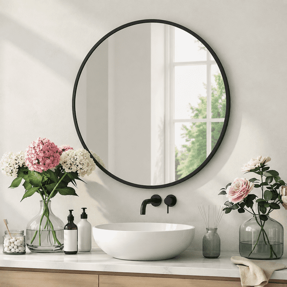 Black 20"L x 20"W 1 Round Metal Wall Mounted Mirror for Bathroom Bedroom Vanity Entryway Decor