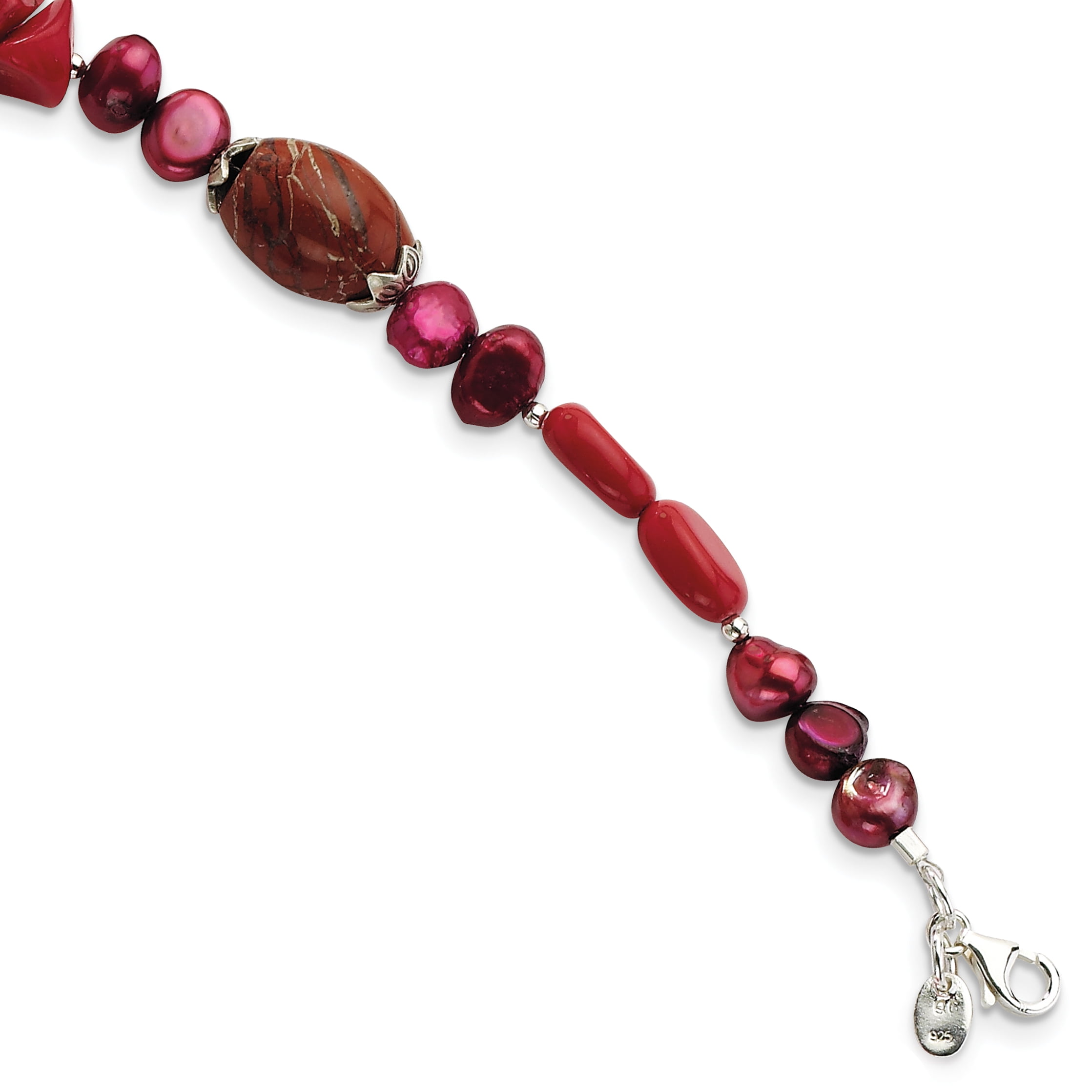 Roy Rose Jewelry Sterling Silver Red Coral, Freshwater Cultured Pearl, Agate, Jasper Bracelet ~ Length 8'' inches by