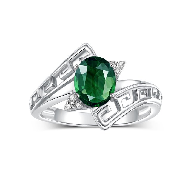 RYLOS Rings for Women Sterling Silver Greek Key Designer Ring 9X7MM Gemstone & Diamond Ring September Green Sapphire Jewelry Size 7