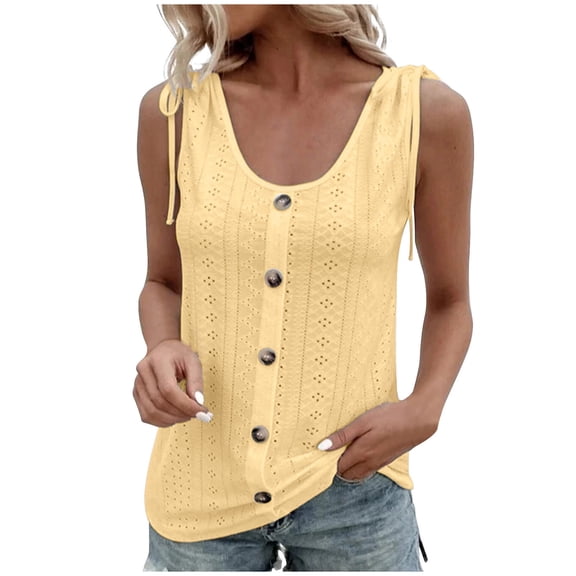 Besolor Women's Summer Tank Tops Round Neck Buttons Sleeveless Eyelet Shirts Casual Solid Color Basic Blouse Tee