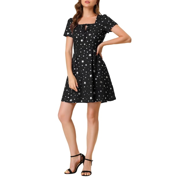 INSPIRAR CHIC Vestido de Promoción A-Line de Manga Corta con Cuello Cuadrado Impreso para Mujeres M Negro-Estrellas