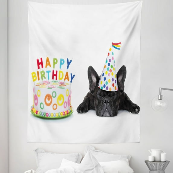 Birthday Party Tapestry, Sleepy French Bulldog Cupcake Candles Cone Hat Celebration Themed Image, Fabric Wall Hanging Decor for Bedroom Living Room Dorm, 5 Sizes, Multicolor, by Ambesonne