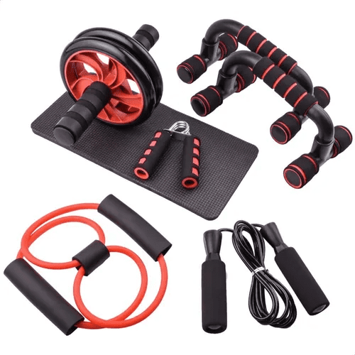Kit Malubero Rodillo Abdominal Barras Push-up Cuerda Ejercitador Mano Negro con rojo