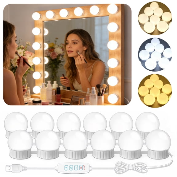 Yalumo Led Vanity Lights for Mirror, Hollywood-Style Vanity Lights Stick on with 12 Dimmable Bulbs, Adjustable Color & Brightness, USB Cable, Mirror Lights for Makeup Dressing Bathroom Table Room