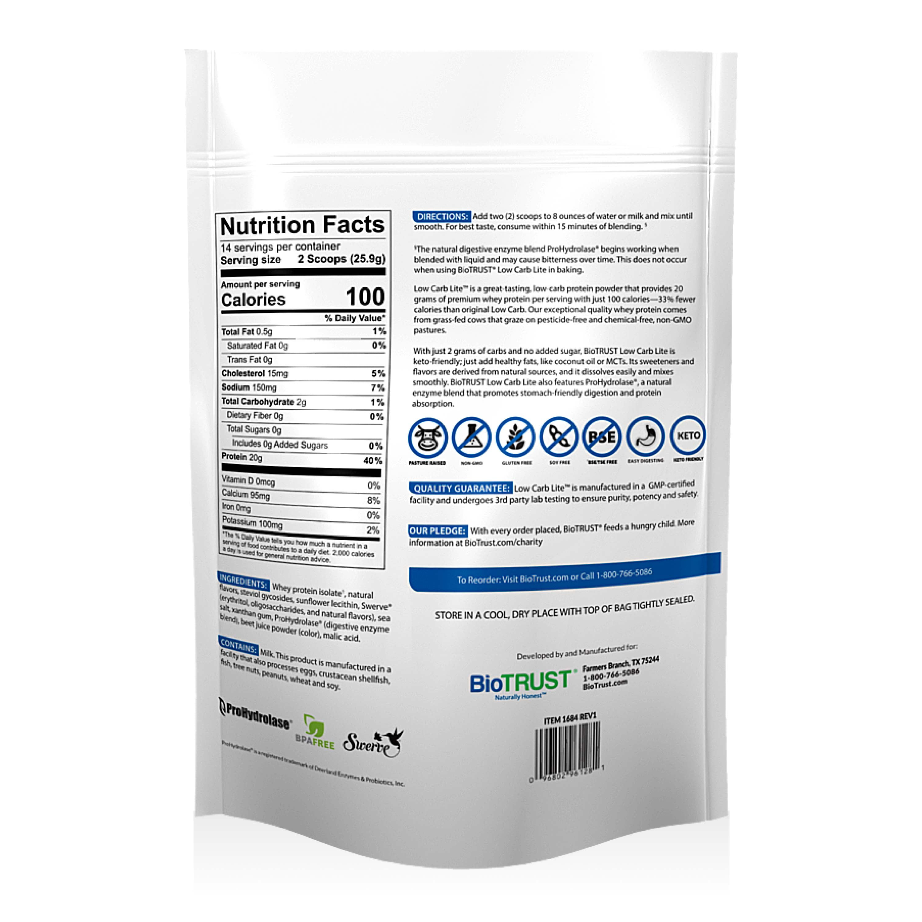 BioTRUST Low Carb Lite, 20 Grams of Grass-Fed Whey Protein Isolate, 100 Calories, ProHydrolase Digestive Enzymes, Non-GMO, Free from Soy and Gluten, ...