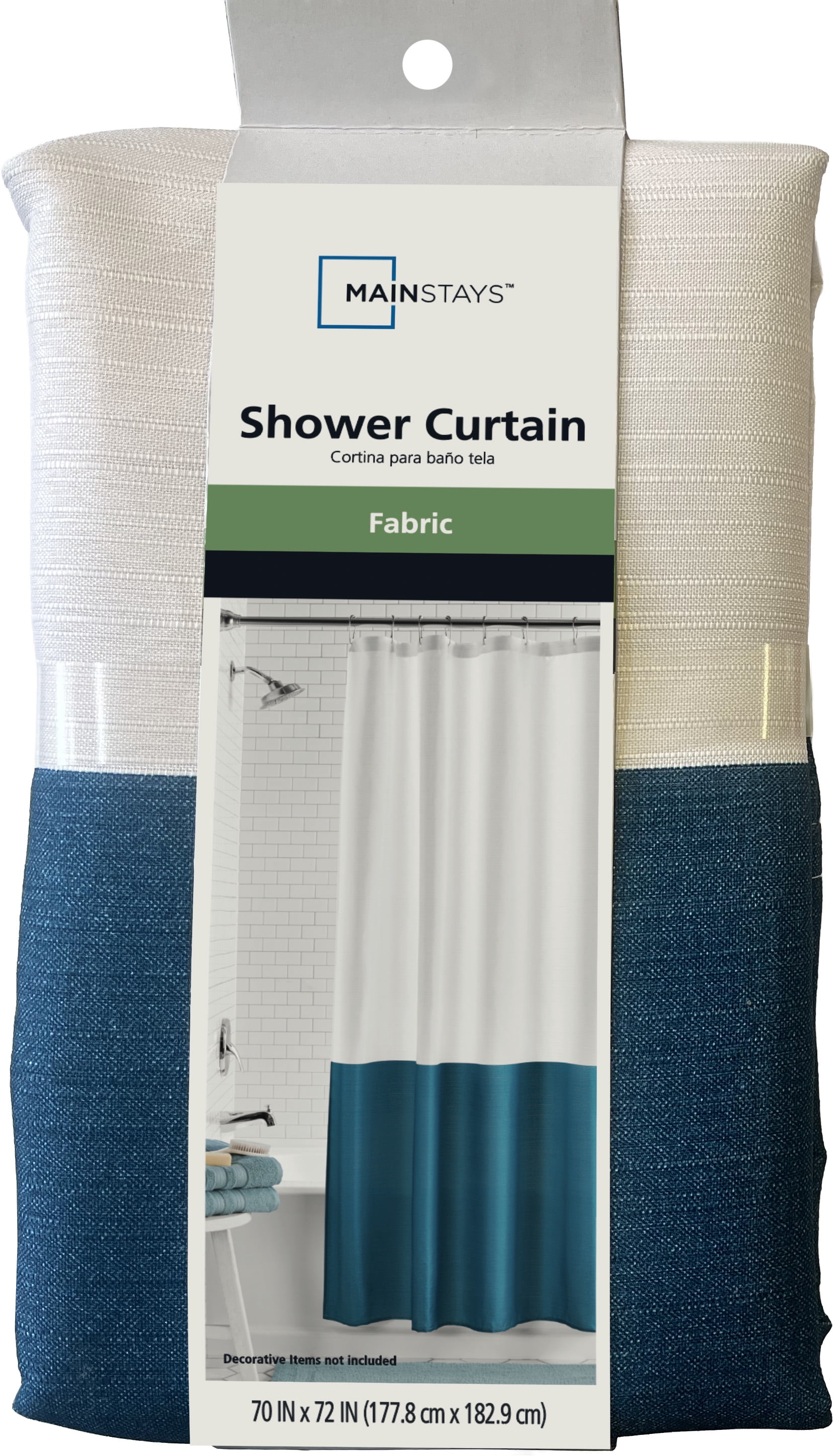 Mainstays Blue and Ivory Polyester Colorblock Shower Curtain, 72” x 70”, Multicolor + Medium Weight Liner