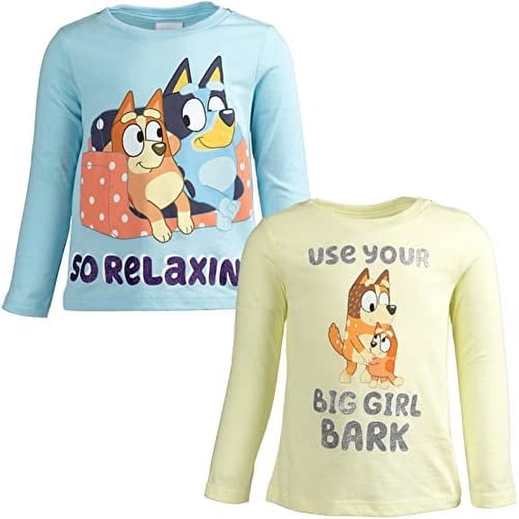 Camiseta Bluey para niñas pequeñas, manga larga, 2T, paquete de 2 unidades, azul/amarillo