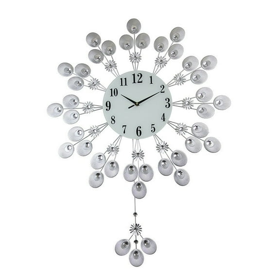 Three Star Import & Export YC750 37 x 27 in. Round Wall Clock, Silver Peacock Feather Style with Pendulum