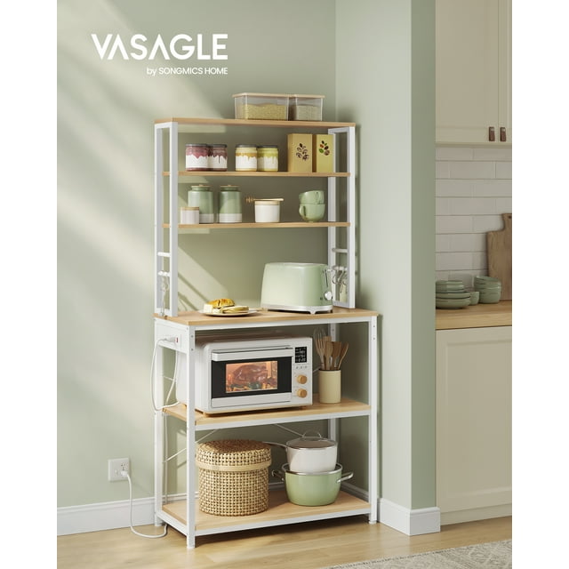 VASAGLE Bakers Rack with Power Outlet - 31.5 inches Coffee Bar, 6-Tier Kitchen Shelves with 6 Hooks, Microwave Stand, Golden Oak & White UKKS119Y01