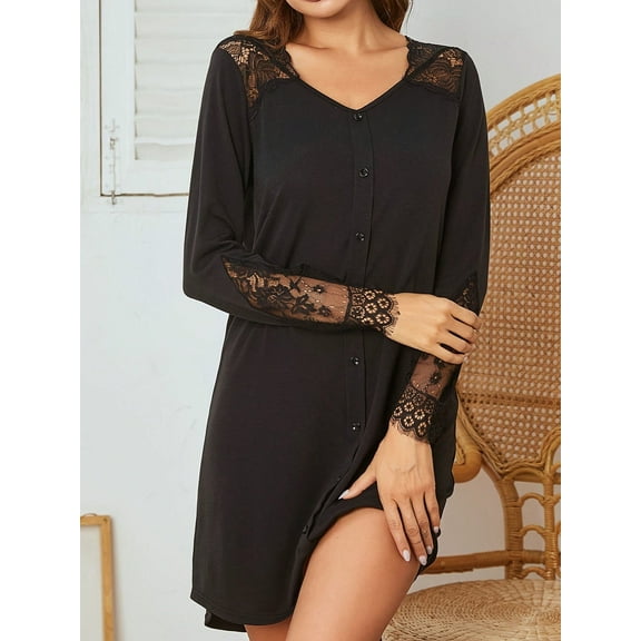 Women's Long Sleeve Button-Front Nightdress with Lace Shoulder and Sleeve Detail- Small, Black