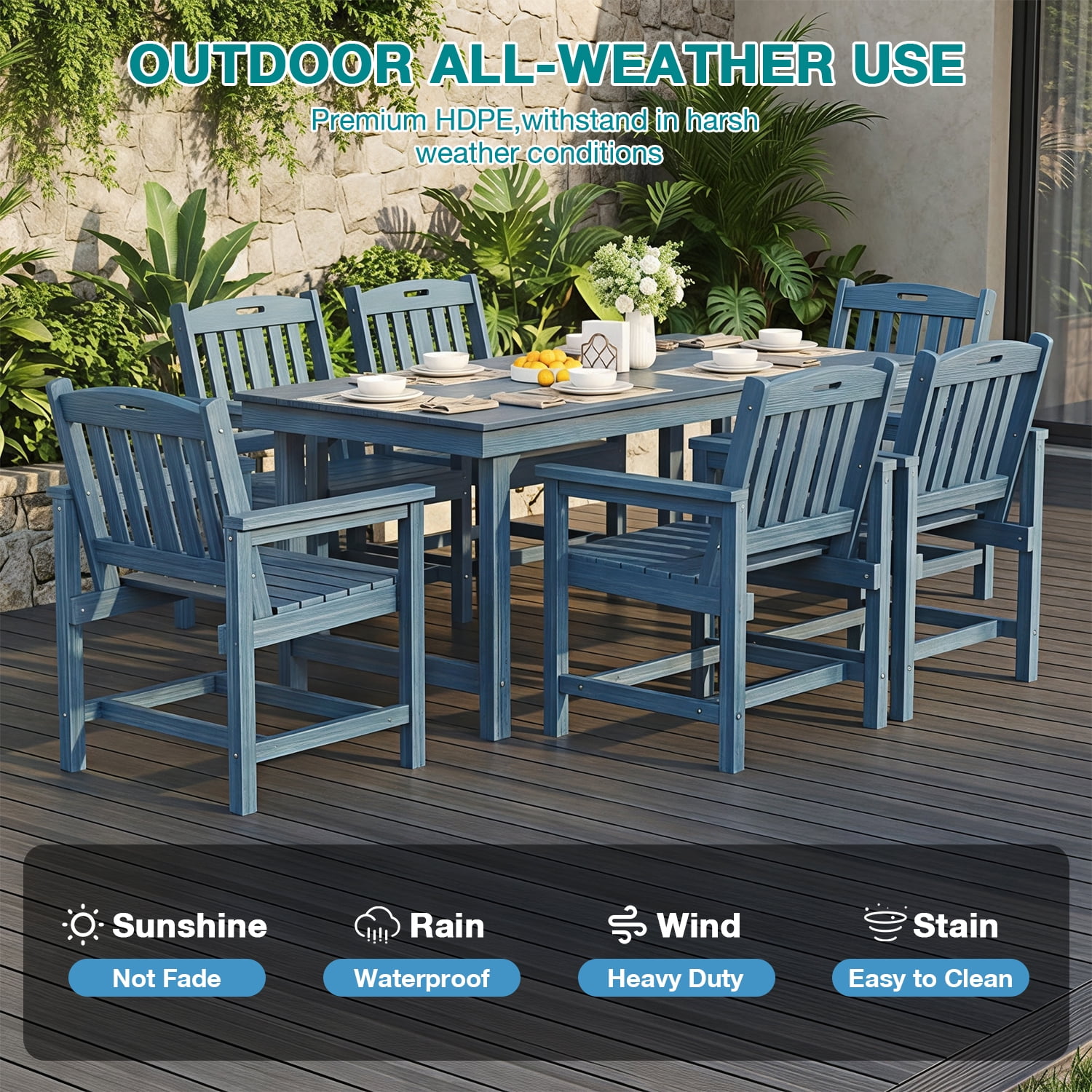 Erinnyees 7-Piece HDPE Outdoor Dining Set, 66.9" Marble Texture Patio Table with Umbrella Hole, and 6 All-Weather Chairs for Yard Deck Porch, Navy Blue