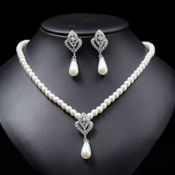 QQTDFG Fashion 925 Silver Women White Pearl Necklace Drop Earrings Wedding Jewelry Set-#4