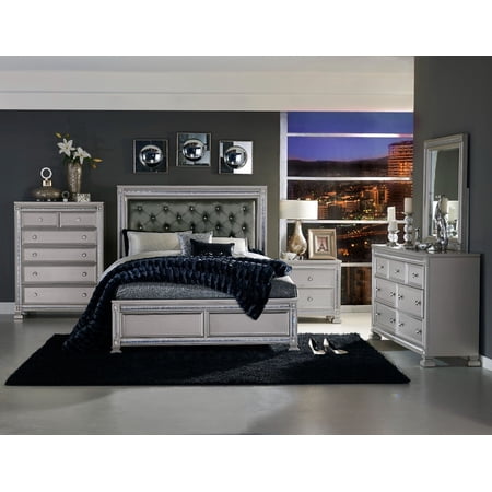 Contemporary Silver Finish Bedroom 5pc Set Queen Bed Button-Tufted Headboard Nightstand Dresser Chest Mirror