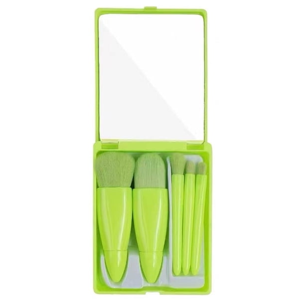 Xiao Hua Juego de 5 brochas de maquillaje portátiles para viaje, mini juego de brochas de maquillaje multifuncionales, caja de brochas de maquillaje con espejo, verde