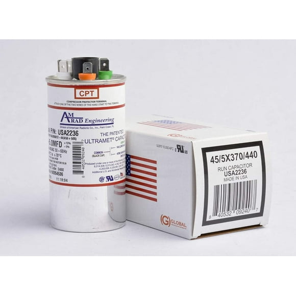 45 + 5 uf/Mfd Round Dual Universal Capacitor ⢠AmRad USA2236 - Used for 370 or 440 VAC, Made in The U.S.A.