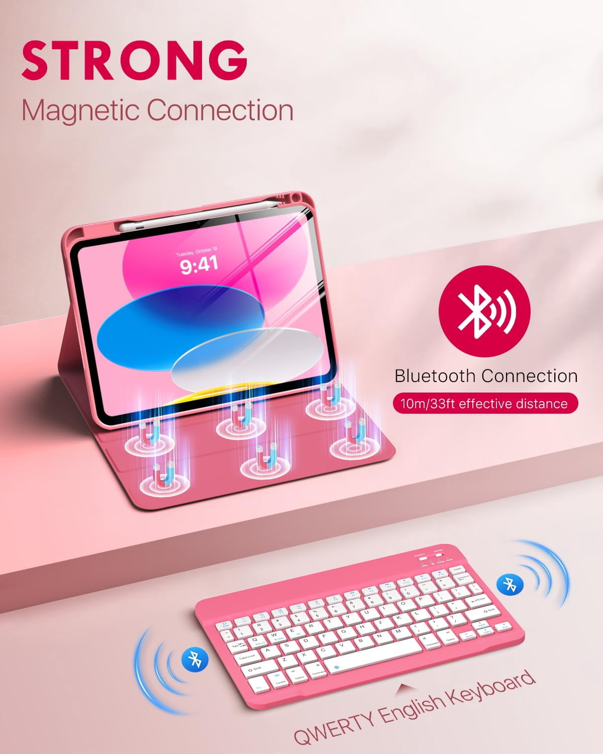 MoKo Case for iPad (A16) 11th Generation with Keyboard 11 inch 2025, iPad 10th Generation 10.9 inch Case with Pencil Holder, Multi-Angle Detachable Bluetooth Keyboard, Pink
