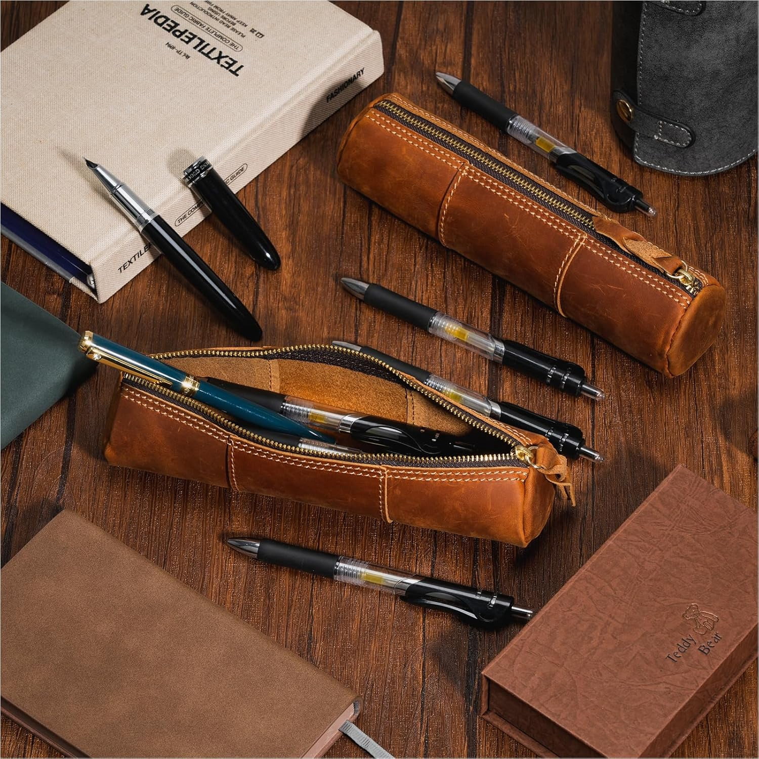 ABPETE Genuine Leather Pencil Case, Full-Grain Cowhide Leather Pouch, Small Pencil Pouch for Men, Vintage Pen Bag for Adults, Stationery Organizer Case for Work & Travel-Cylinder-Brown