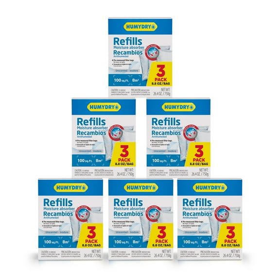 Humydry Moisture Absorber (18 Unscented Refills), 6 Packs of 3, 8.8oz