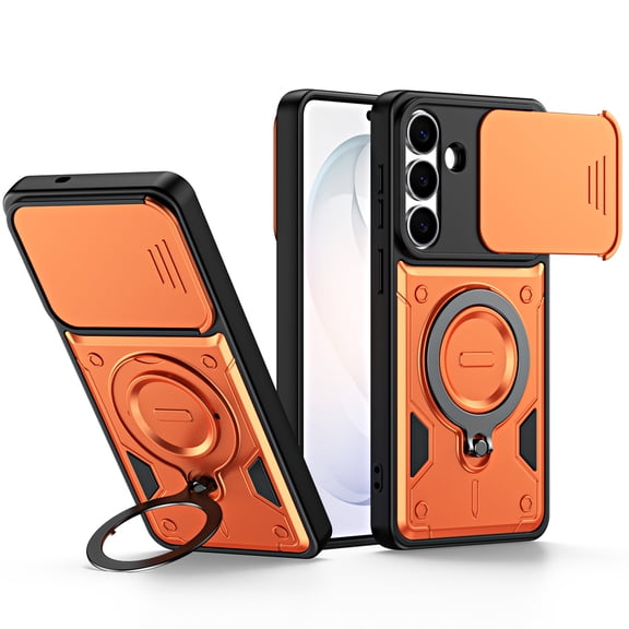 Dteck Slim Rugged Phone Case for Samsung Galaxy S26, Shockproof Ring Stand Protective Cover with Camera Cover Slide,Orange