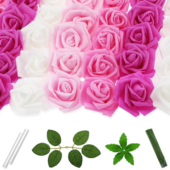 Vignor 100 Pcs 3 In Artificial Rose Head Bulk (4 Shades of Pink White)