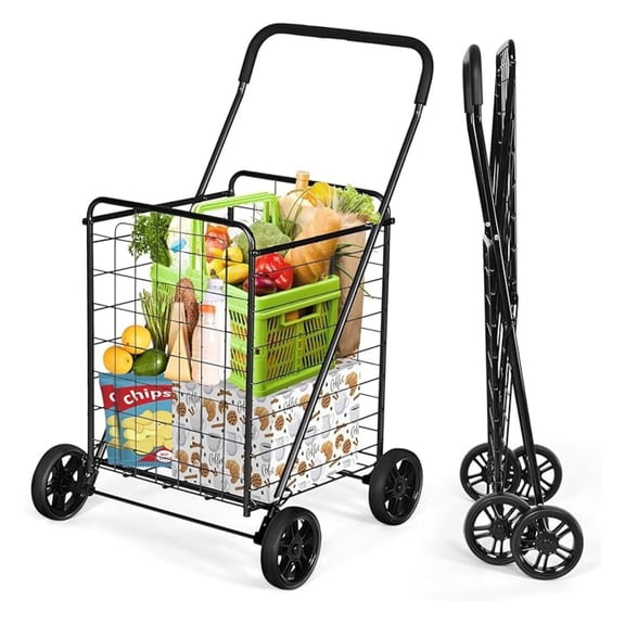 NBBNHH Grocery Cart Foldable Heavy Duty, 100lbs Capacity Utility Cart w/Wheels, Lightweight Shopping Trolley for Laundry Luggage, Easy Install & Storage (Black)