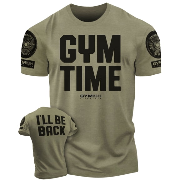 Gymish Gym Time Motivational Gym Shirt for Men – Funny Workout T-Shirt, Lifting Fitness Tee, Military Green with Sleeve Logo, Small