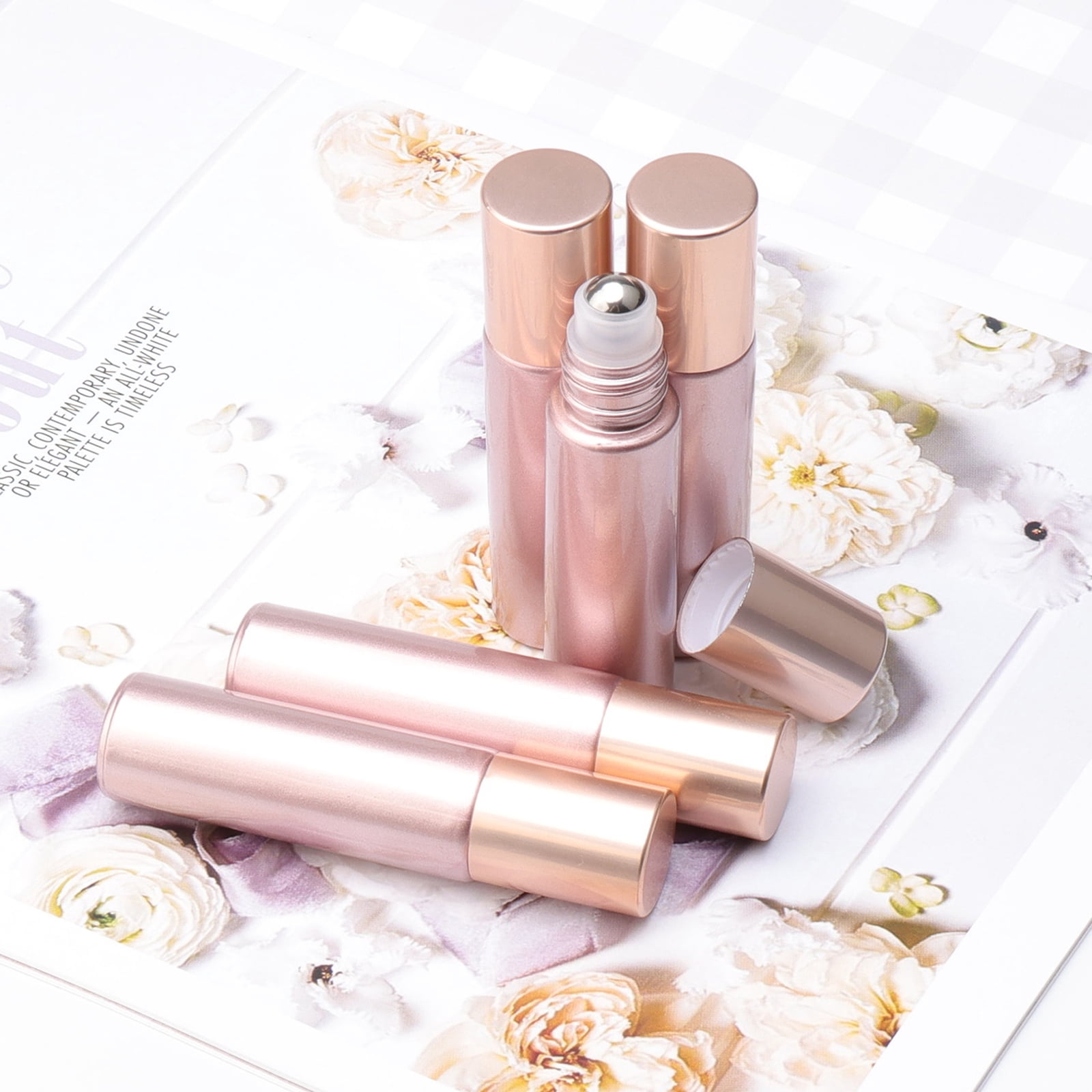 Essential Oil Roller Bottles 33PCS 10ml Matte Rose Gold Roller Bottles with Stainless Steel Roller Balls and Caps for Travel, Perfume and Lip Gloss