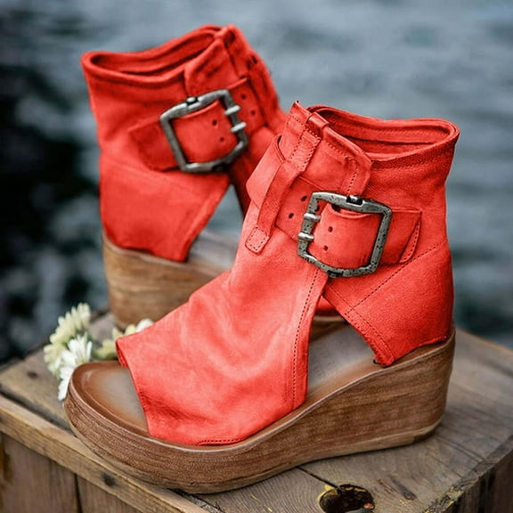 KBODIU Women's Open Toe Buckle Ankle Platform Wedge Sandals High-top Wedge Sandals Thick-soled Fish Mouth Roman Sandals