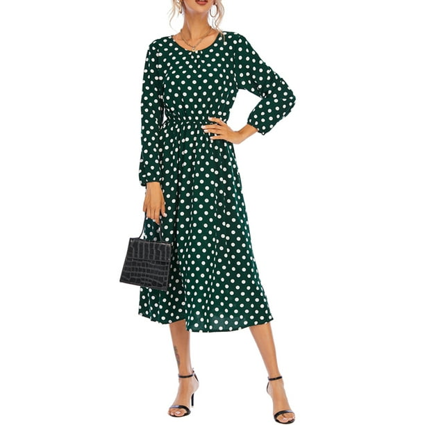 VISgogo Vestido casual de primavera para mujer, vestido midi de ajuste regular con cuello redondo y manga larga con estampado de lunares VISgogo moda