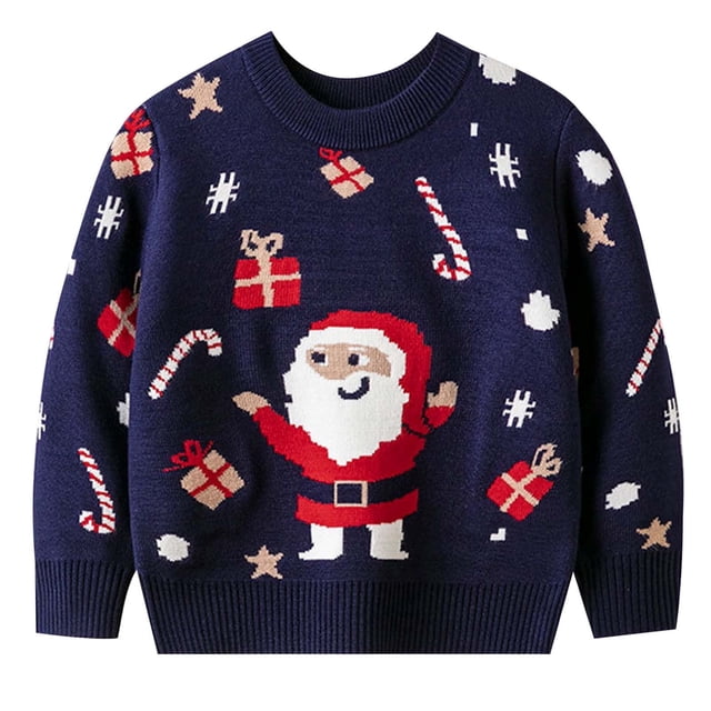 Suéter para niños pequeños, con estampado de dibujos animados navideños, para otoño e invierno, cómodo jersey para niños y niñas, cuello redondo, para celebrar festivales (azul marino, 4 y 3 a 4 años)