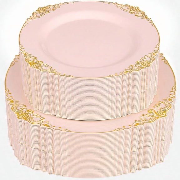 102PCS Pink Plastic Plates - Pink and Gold Plate - Heavyweight Disposable Plate with Gold Rim - Fancy Dinner Dert Plates for 51 Guests Weddings Parties