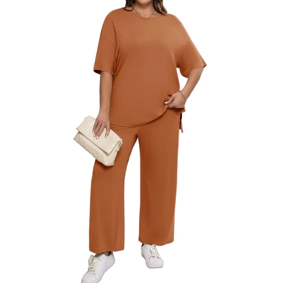 Women Plus Size Solid 2 Pieces Sets Short Sleeve Casual Tops and Wide Leg Pants Tracksuit