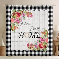 jejeloiu Rustic Farmhouse Home Blackout Curtains Set of 2 (52x84 Each),Colorful Flowers Floral Window Curtains,White Black Classic Plaid Curtains and Drapes For Girls,Ultra Soft Home Decor