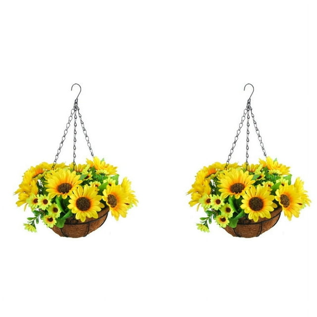2X Flores Colgantes Artificiales en Cesta para DecoracióN de Patio, CéSped, JardíN, para la DecoracióN de Exteriores e Interiores, Color Amarillo